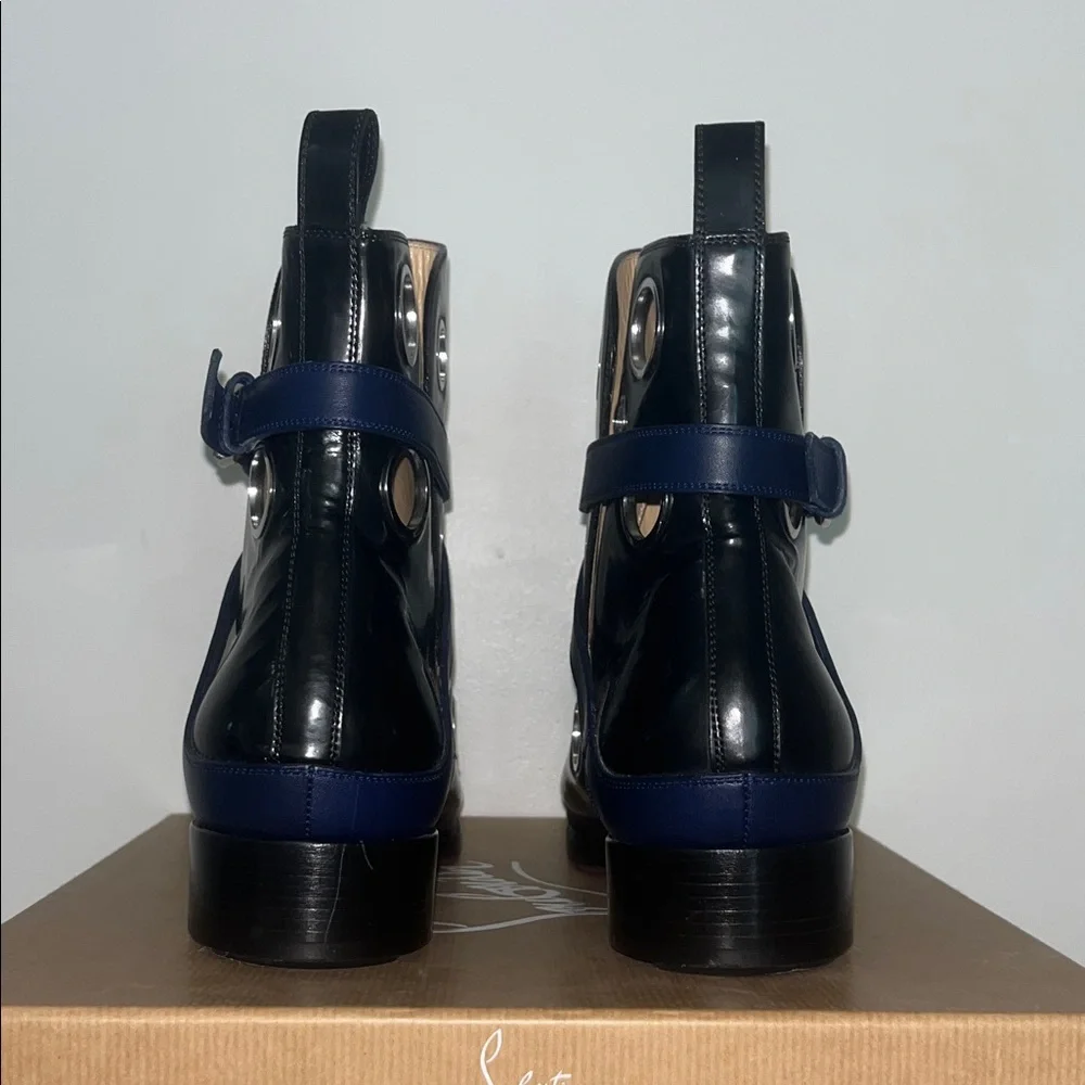 Christian Louboutin Black Patent Leather Eyelet Ankle Boots with Navy Strap